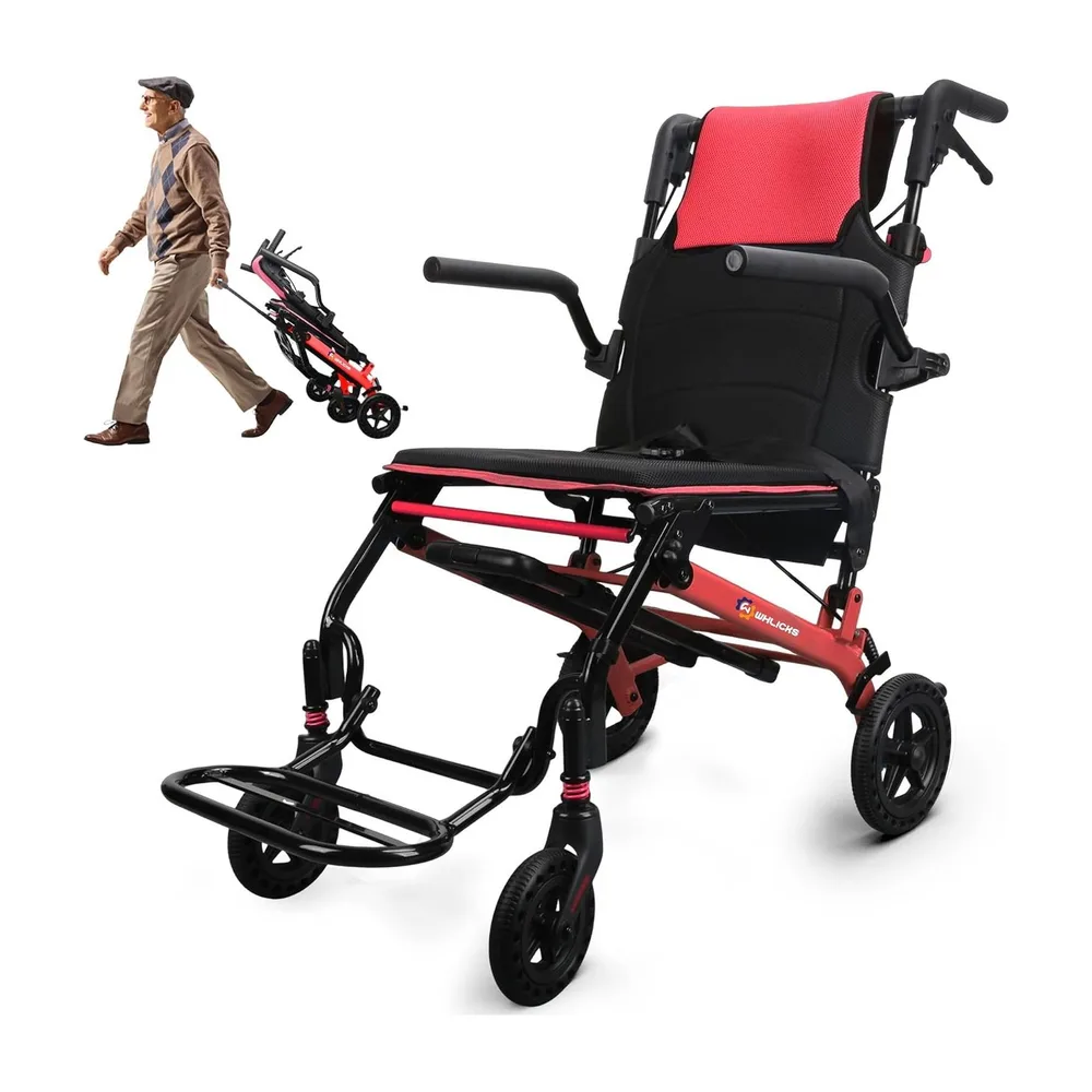WHLICKS A03S Folding Transport Wheelchair — Red