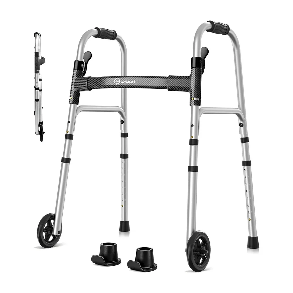 WHLICKS SW40 Folding Walker with Ski Glides — Black patterned strap