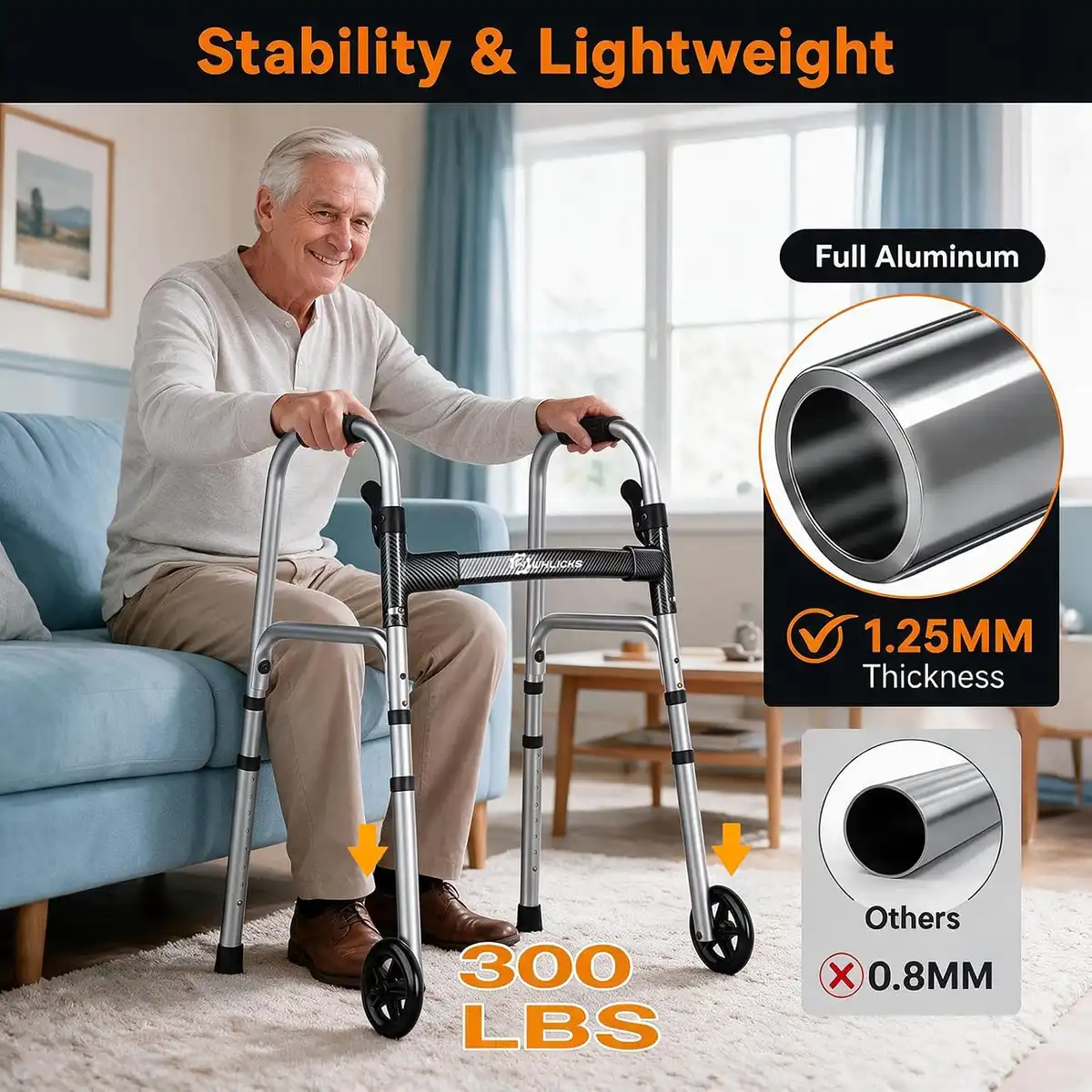 WHLICKS SW40 Folding Walker with Ski Glides — Black patterned strap image 2
