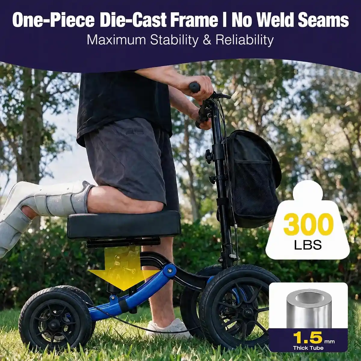 WHLICKS Quad All-Terrain Knee Scooter — Dark Blue image 3