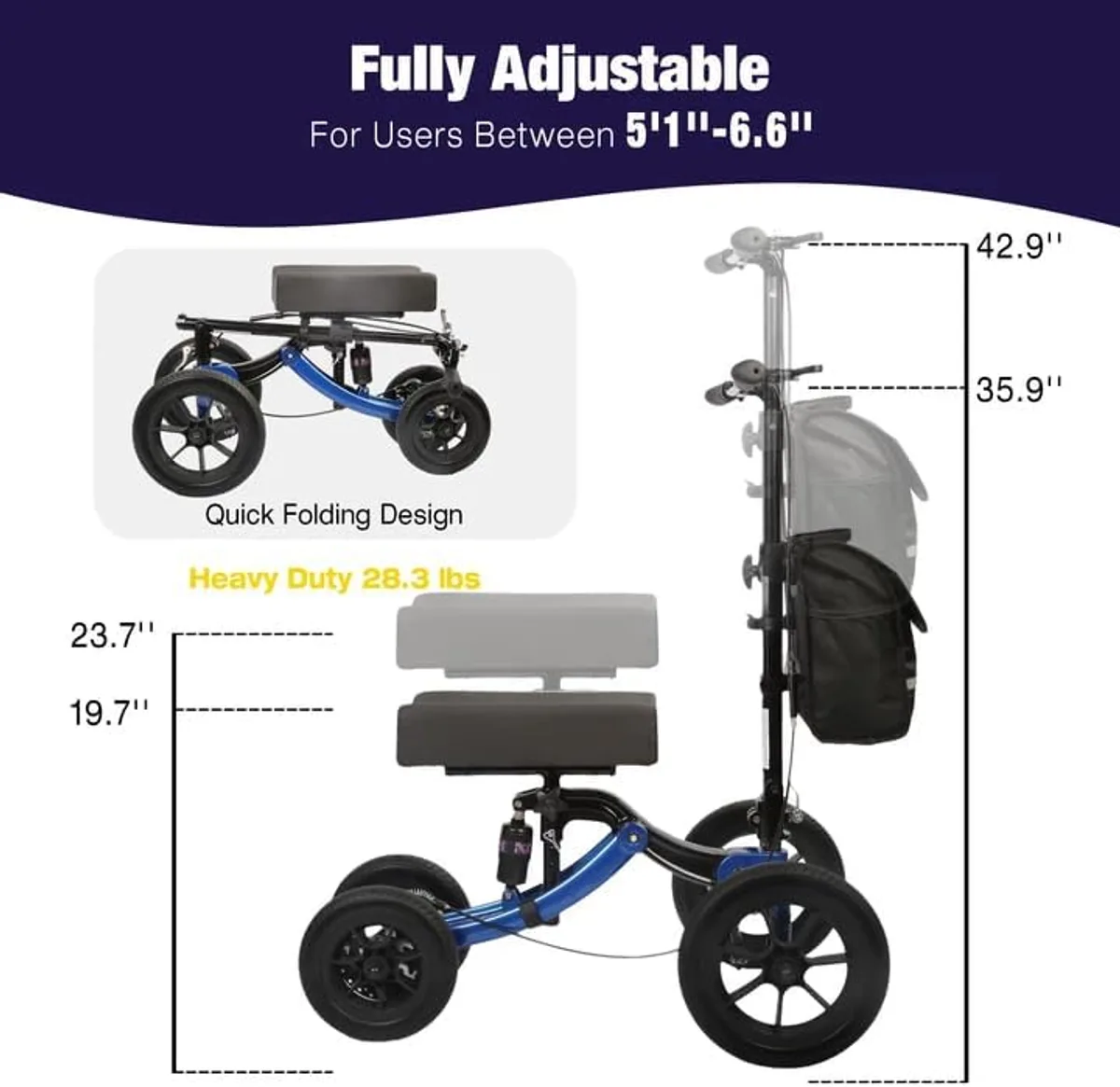WHLICKS Quad All-Terrain Knee Scooter — Dark Blue image 4